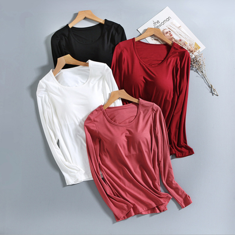 Long-sleeved Top with Chest Pad Home Clothes Women's Pajamas Spring Wear-free bra bra Underwear Cup One-piece Base T-shirt