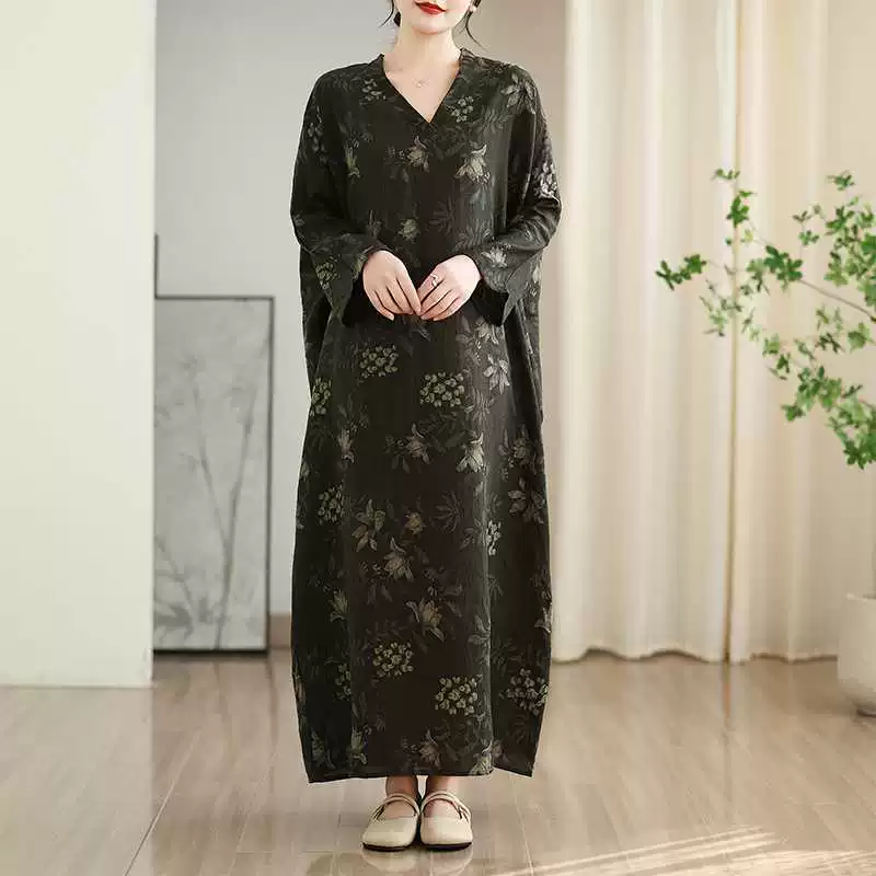 Spring dress, Korean style, plus size, V-neckline, cotton and linen