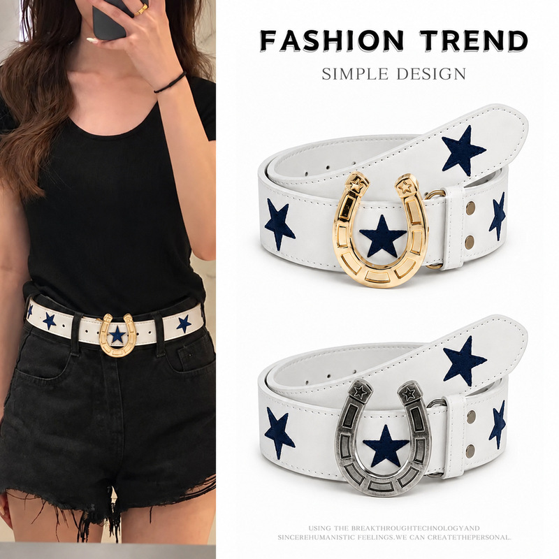 Star Horseshoe Buckle Belt Y2K Women's Leather Belt Blue Anime Belt Jojo Belt Men's Leather Belt Factory Wholesale Star Horseshoe Buckle Belt Y2K Women's Leather Belt Blue Anime Belt Jojo Belt Men's Leather Belt Factory Wholesale