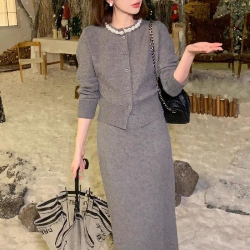 春秋新款长袖毛衣针织开衫重工钉珠温柔套装高腰半身长裙子两件套|undefined