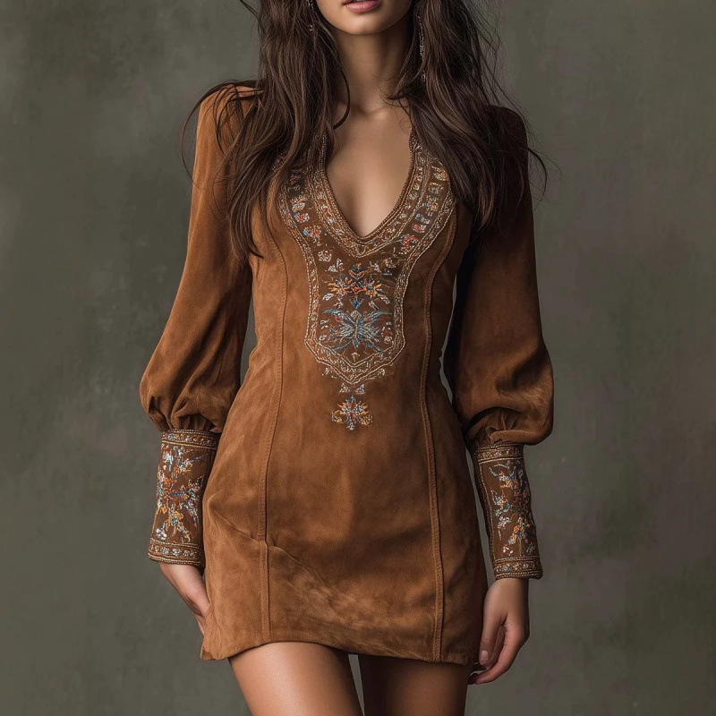 In-Stock 2026 European and American Cross-Border Amazon Independent Site Casual Western Vacation Style Lantern Sleeve Embroidered Dress