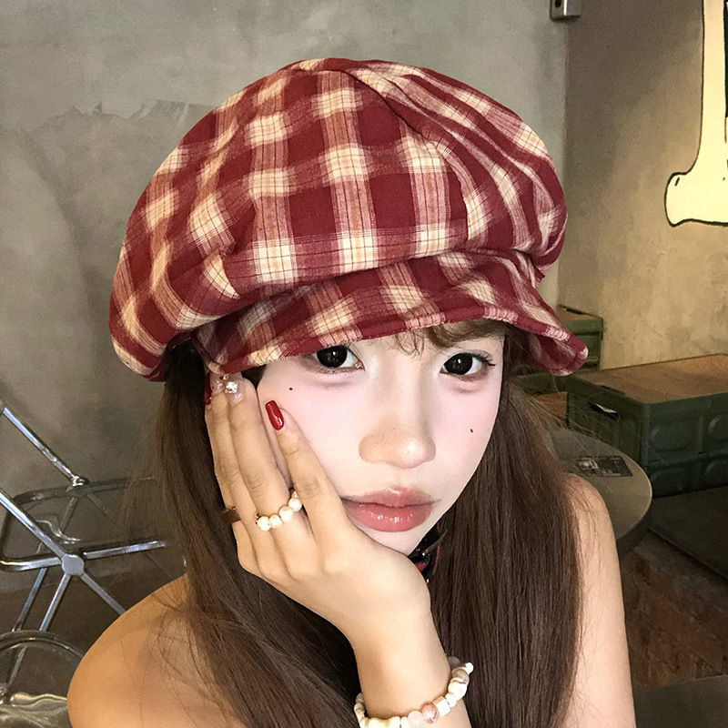 日系复古格子贝雷帽女秋季学院风画家帽大头围显脸小云朵八角帽子|undefined
