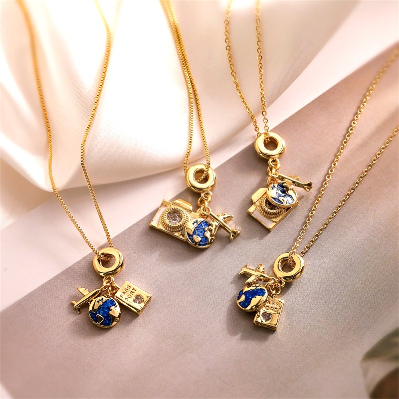 Copper Pendant Material Zircon Inlay Material Wholesale Basic Modern Style Classic Style Earth Camera Copper Enamel Inlay Zircon Pendant Necklace