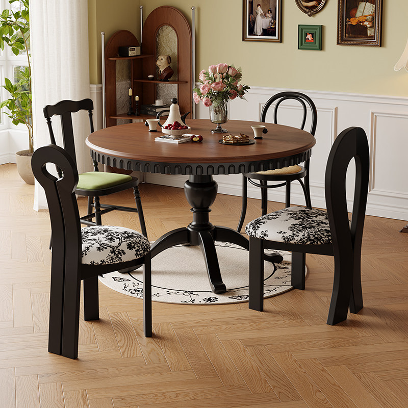 Mesa de comedor de madera sólida de estilo pequeño estilo francés retro mesa de comedor de madera de cera blanca combinación de estilo medieval mesa de comedor redonda doméstica