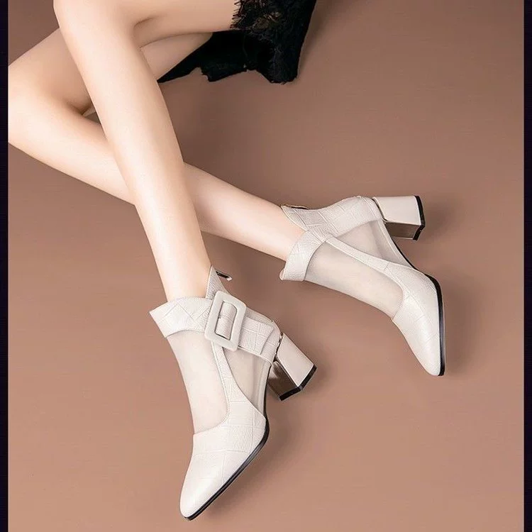 Трансграничные металлические пряжки заостренные сетчатые сандалии 2024 европейские и американские сексуальные полые V-рты женские туфли на высоком каблуке женские сандалии на высоком каблуке