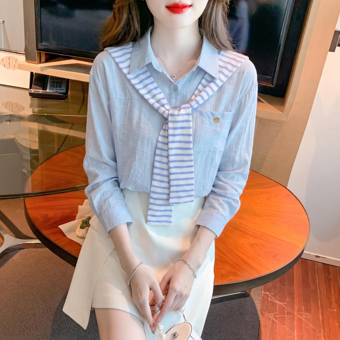 法式披肩假两件衬衫女2026新款春秋上衣文艺范休闲时尚雪纺衬衣潮