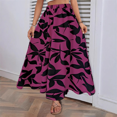 Ins elastic waist printed long A-line semi-slip dress summer high-end temperament commuting drape pleated skirt women's clothing