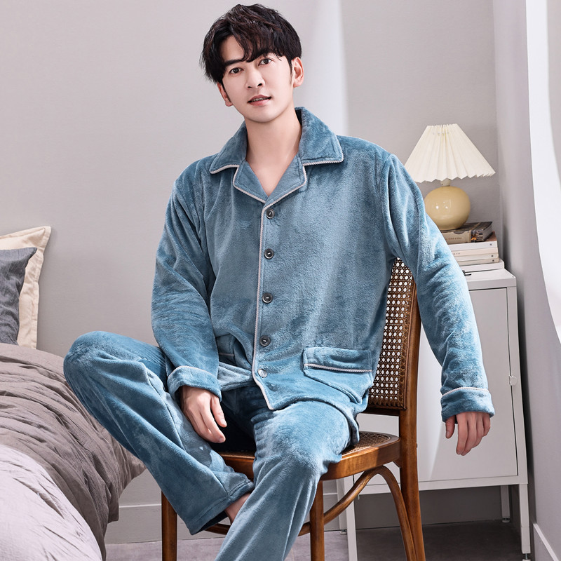 Pijamas de lana de coral coreana para hombres otoño y invierno engrosados franela se pueden usar cardigan de manga larga de invierno conjunto de ropa para el hogar