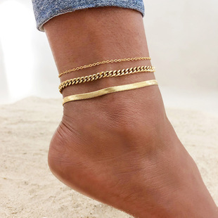 Anklet collection stainless steel snake bone chain anklet 21cm golden flat snake chain titanium steel wheat ear cross-border foot decoration batch
