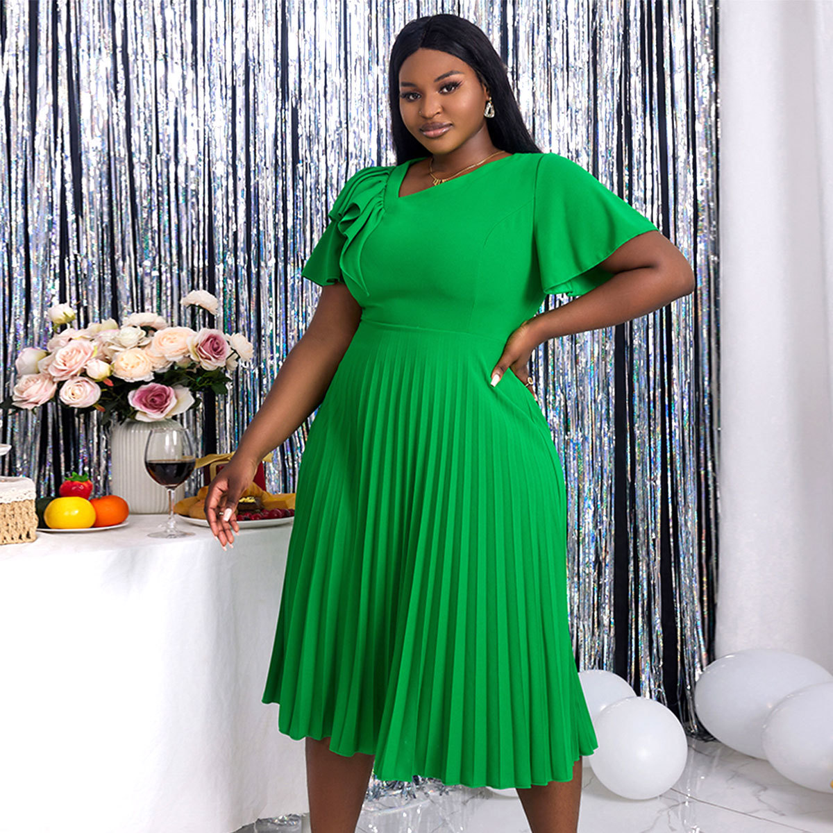 Ženska oblačila, nabrano krilo z odprtimi rameni, vsestransko, plus size_voghion.com