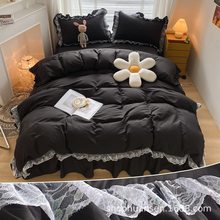 时尚褶边蕾丝羽绒被套套装女孩款黑色床上用品三件套大号羽绒被套