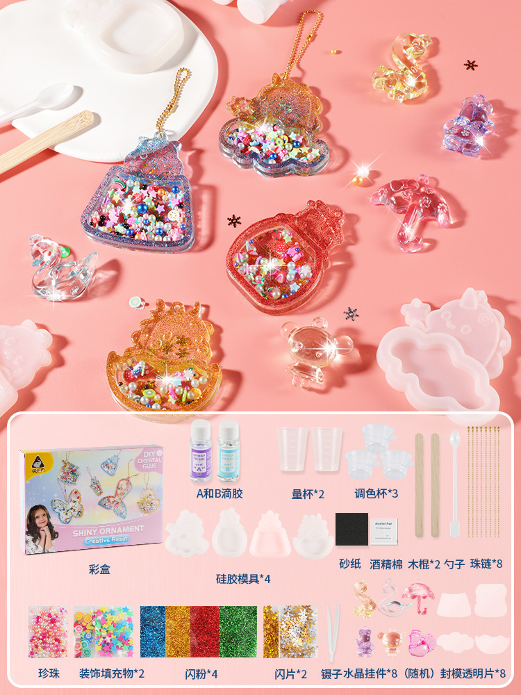 Accesorios de epoxi de cristal de bricolaje hechos a mano para niños, paquete de material, pintura de pegamento sin hornear, mochila, accesorios colgantes, juguetes de juego