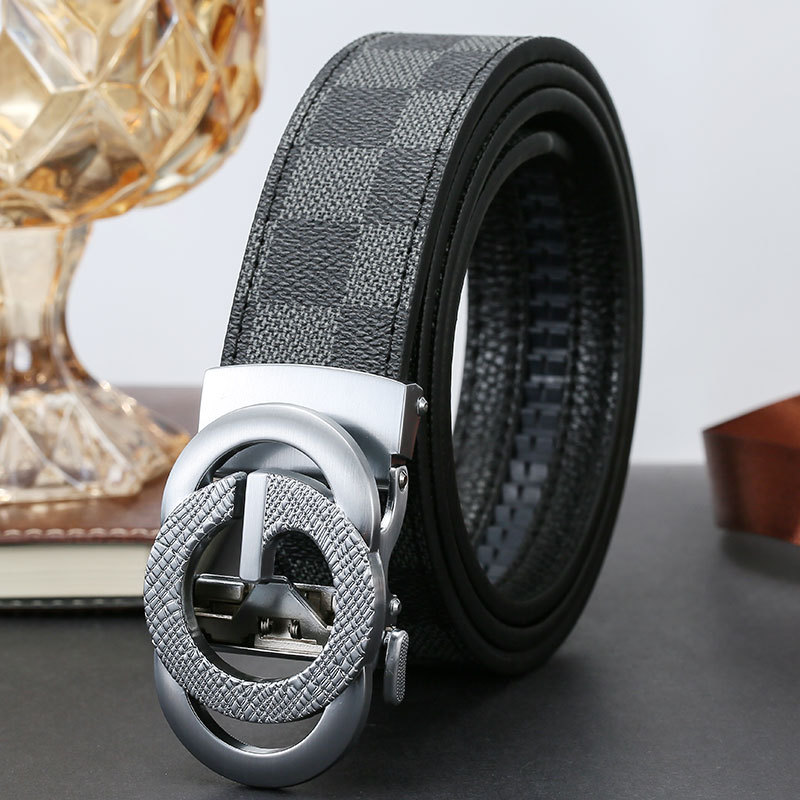 Cinturón de Cuero Genuino de Dos Capas para Hombre, Estampado de Cuadros, Hebilla Automática, Estilo Casual de Lujo