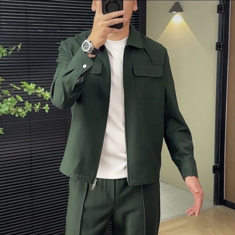 가을과 겨울 성숙한 남자의 높은 럭셔리 패션 트렌드 슬리밍 간단한 하이 엔드 옷깃 재킷 작은 직선 캐주얼 세트