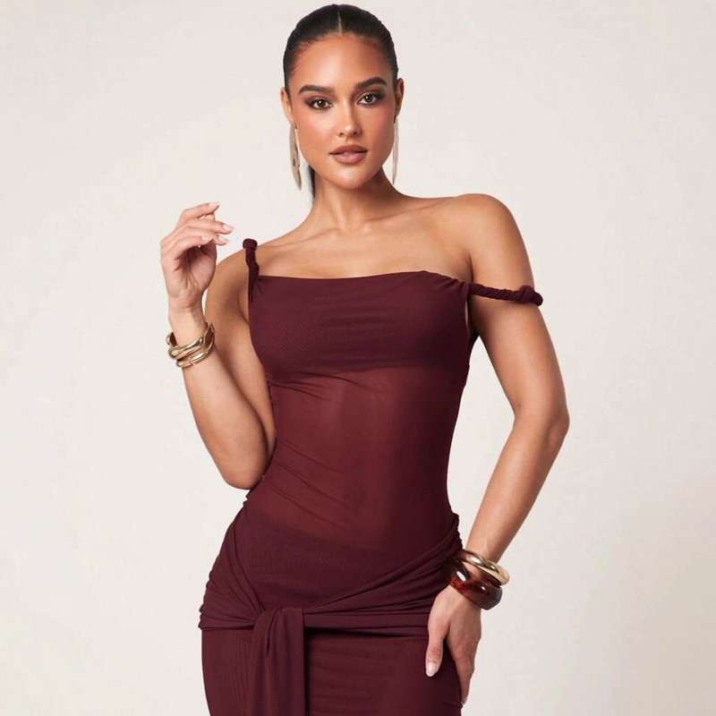 G25D138-2025 New Women's Dress Ins European and American Elegant Slim Mesh Suspender Pure Color Dress for Women