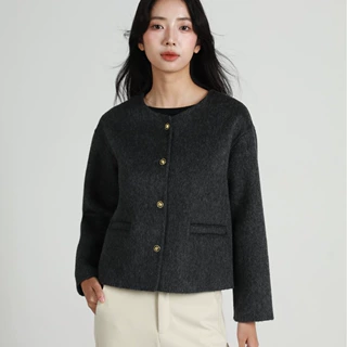 现货新款加厚秋冬宽松复古金属扣双面呢大衣 短款/长款呢料大衣女