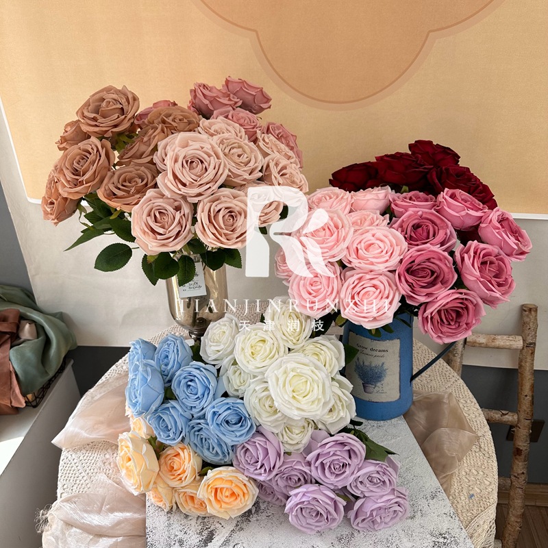 仿真花9頭大開心玫瑰婚慶手捧花裝飾婚禮堂插花外貿千層玫瑰假花