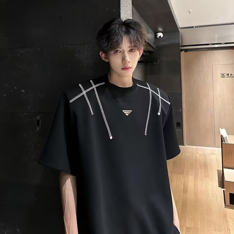 Heavyweight Padded Shoulder Short-Sleeve T-Shirt for Men, American High Street Fashion Brand, Stylish and Trendy, Autumn and Winter Base Layer