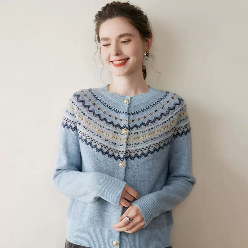 民族风提花费尔岛单排扣羊绒开衫圆领毛衣女宽松加厚针织撞色外套