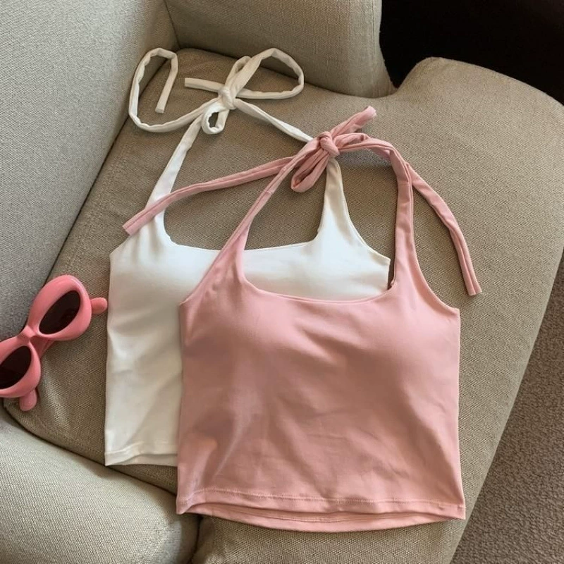 Короткий топ с красивой спиной для горячих девушек с подушечками для груди, бретельками на шее, кофточкой для женщин, летним дизайном, сексуальной верхней одеждой