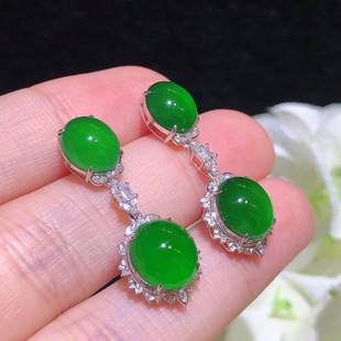 Natural Jade Water-embellish Color Brilliant Full Green Egg Face Jade Earrings 18k Gold Inlay