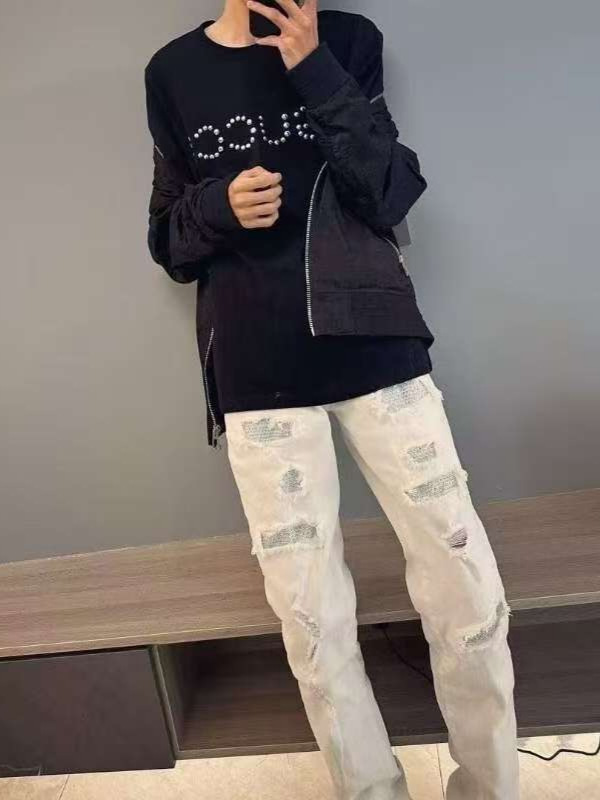 高街破洞烫钻牛仔裤男春秋季休闲百搭美式复古水洗做旧修身直筒裤|undefined