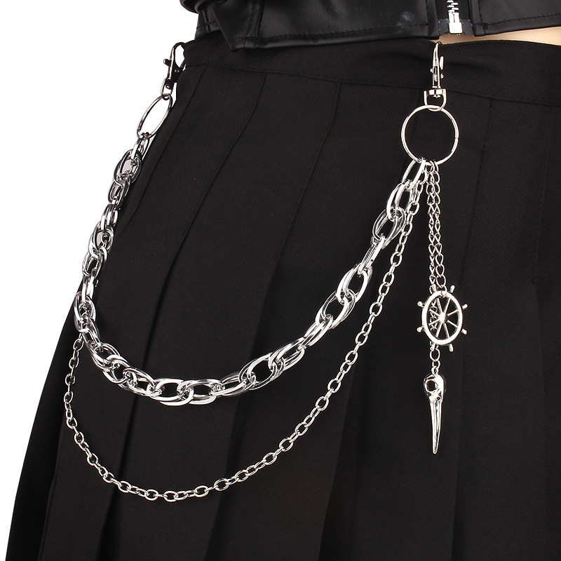 Hip-Hop Double-Layer Metal Pants Chain Women's Trendy Cool Design Skull Crow Pointed Pendant Waist Accessories Jeans Decorative Chain