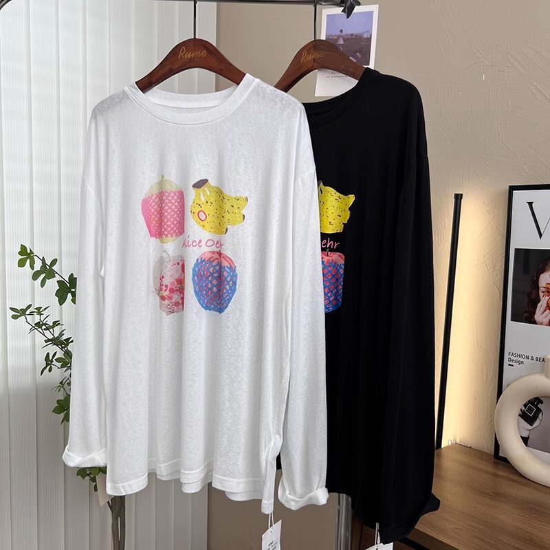 I Like This Pattern so Much. Korean Style Thin White See-Through Soft Skin-Friendly Sunscreen Fruit Sunscreen Women's Long-Sleeved T-Shirt