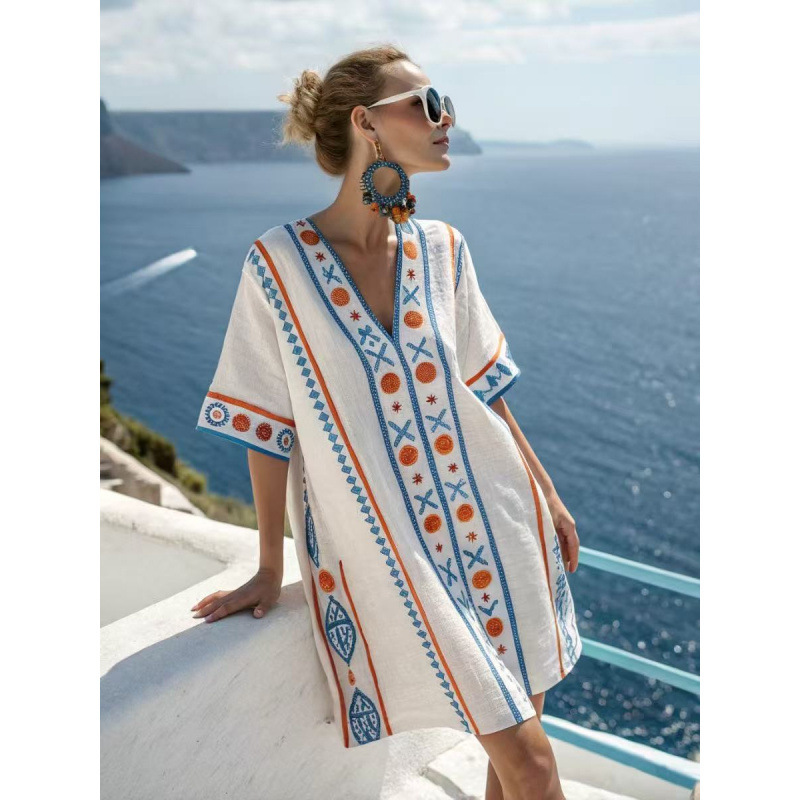 2026 new beach vacation style V-neck bohemian print loose beach dress short sleeve sun protection cover-up 1 2026 new beach vacation style V-neck bohemian print loose beach dress short sleeve sun protection cover-up 1