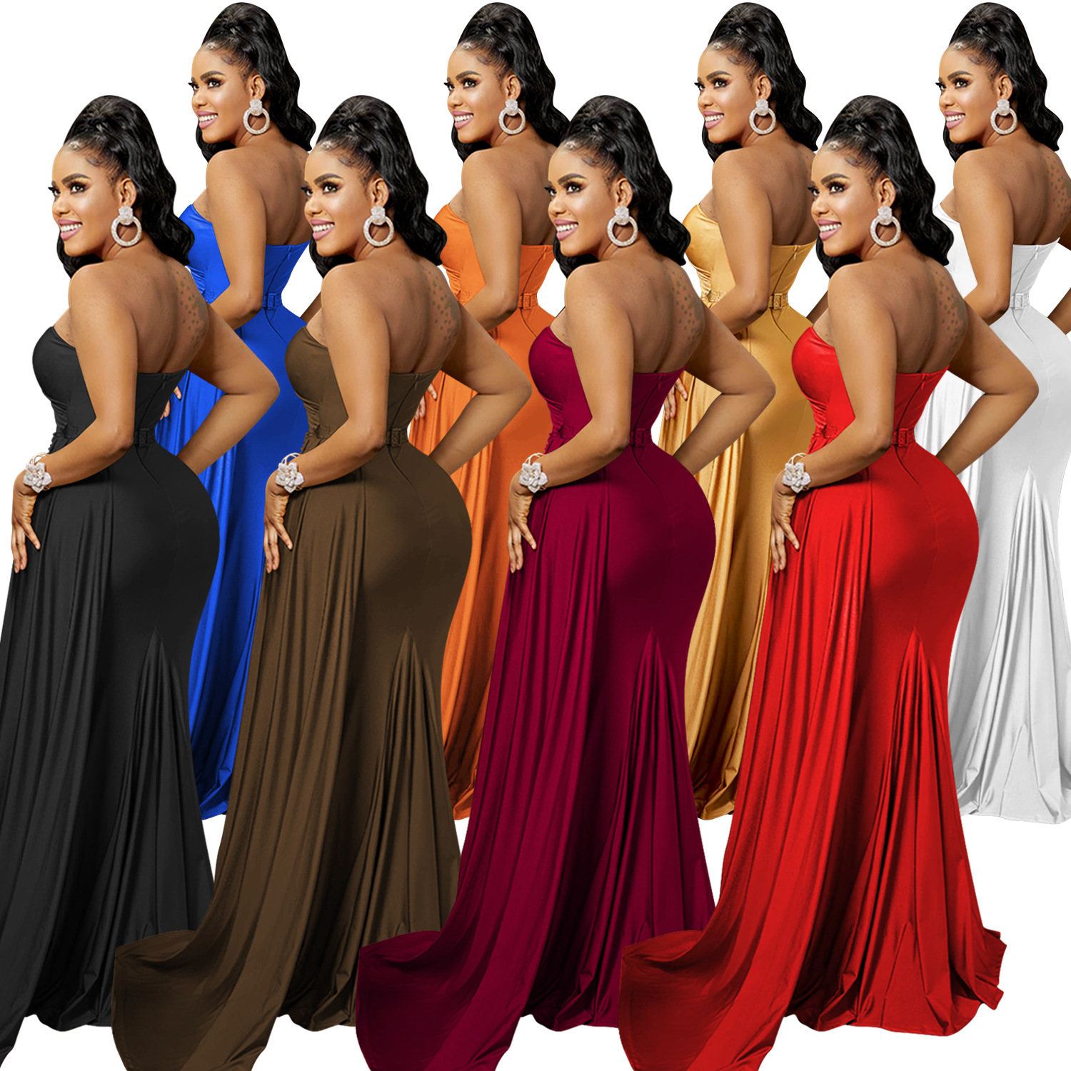 X5819 europeo y americano nuevo AliExpress Amazon moda color sólido partido apretado Vestido de manga de un solo hombro vestido largo para las mujeres image 6