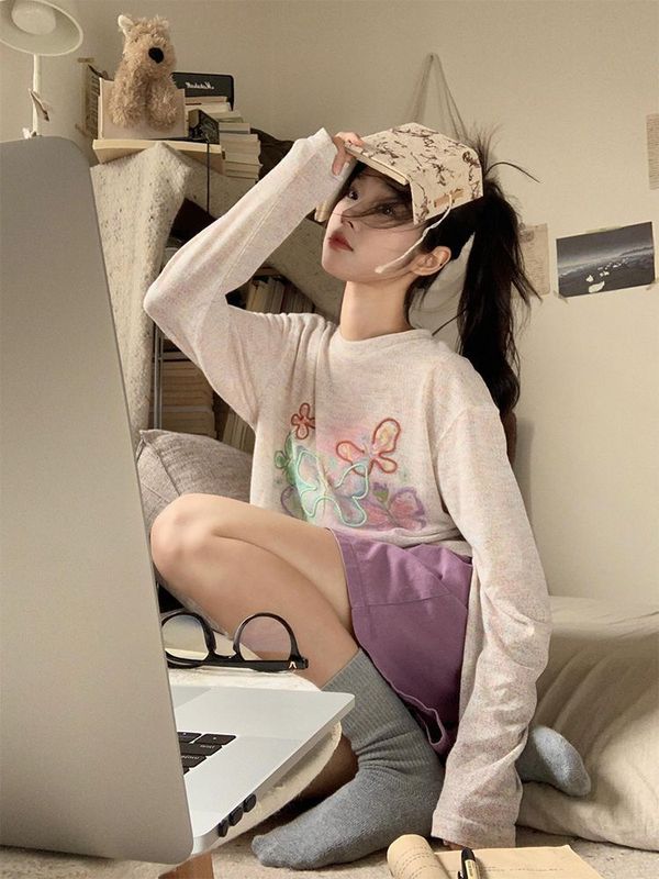 【自家工厂现货】彩色手绘涂鸦防晒罩衫女网纱宽松长袖T恤女上衣|undefined