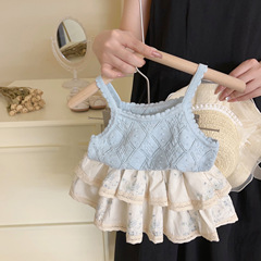 Korean children's clothing 24 summer girls' suit French sweet hollow knitted camisole bud skirt for small and medium-sized children