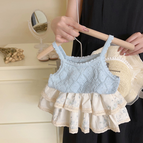 Korean children's clothing 24 summer girls' suit French sweet hollow knitted camisole bud skirt for small and medium-sized children