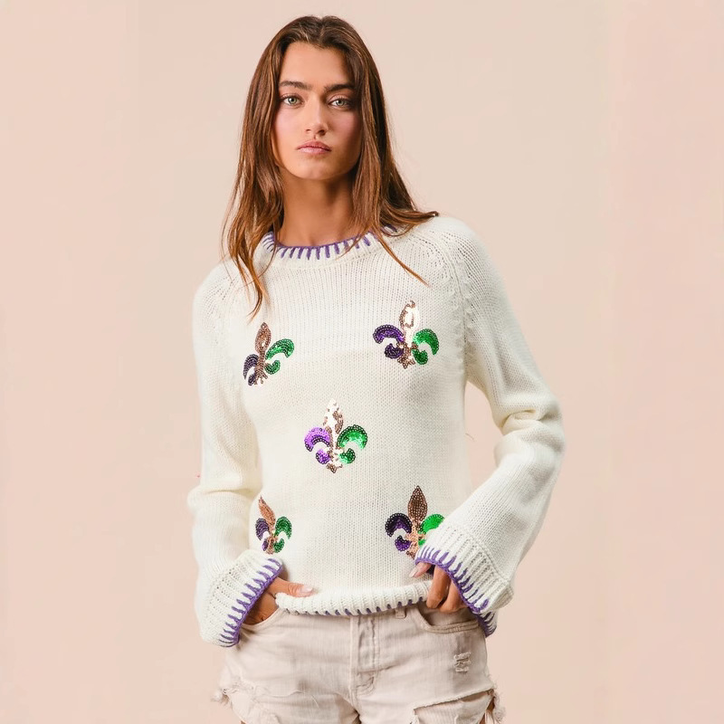Amazon 25 Spring New Cross-border European and American Women's Carnival Sequin Embroidered Sweater Loose Casual Top Women