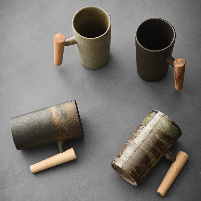 Japanese-style Handmade Stoneware Coffee Cup Hand-made Vintage Kiln with Wooden Handle Mug Personalized Couple's Cup Household Water Cup Japanese-style Handmade Stoneware Coffee Cup Hand-made Vintage Kiln with Wooden Handle Mug Personalized Couple's Cup Household Water Cup