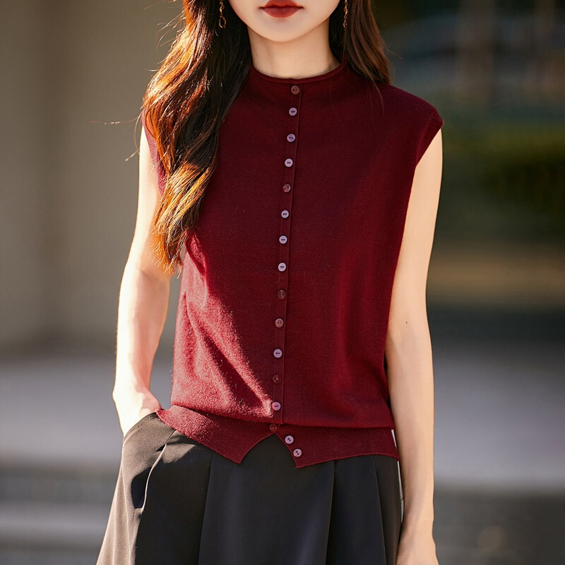 Imitation Wool Multi-Button Rolled Edge Half Turtleneck Sleeveless Vest Cardigan Top Women's Autumn and Winter New Pure Color Jacket Sweater