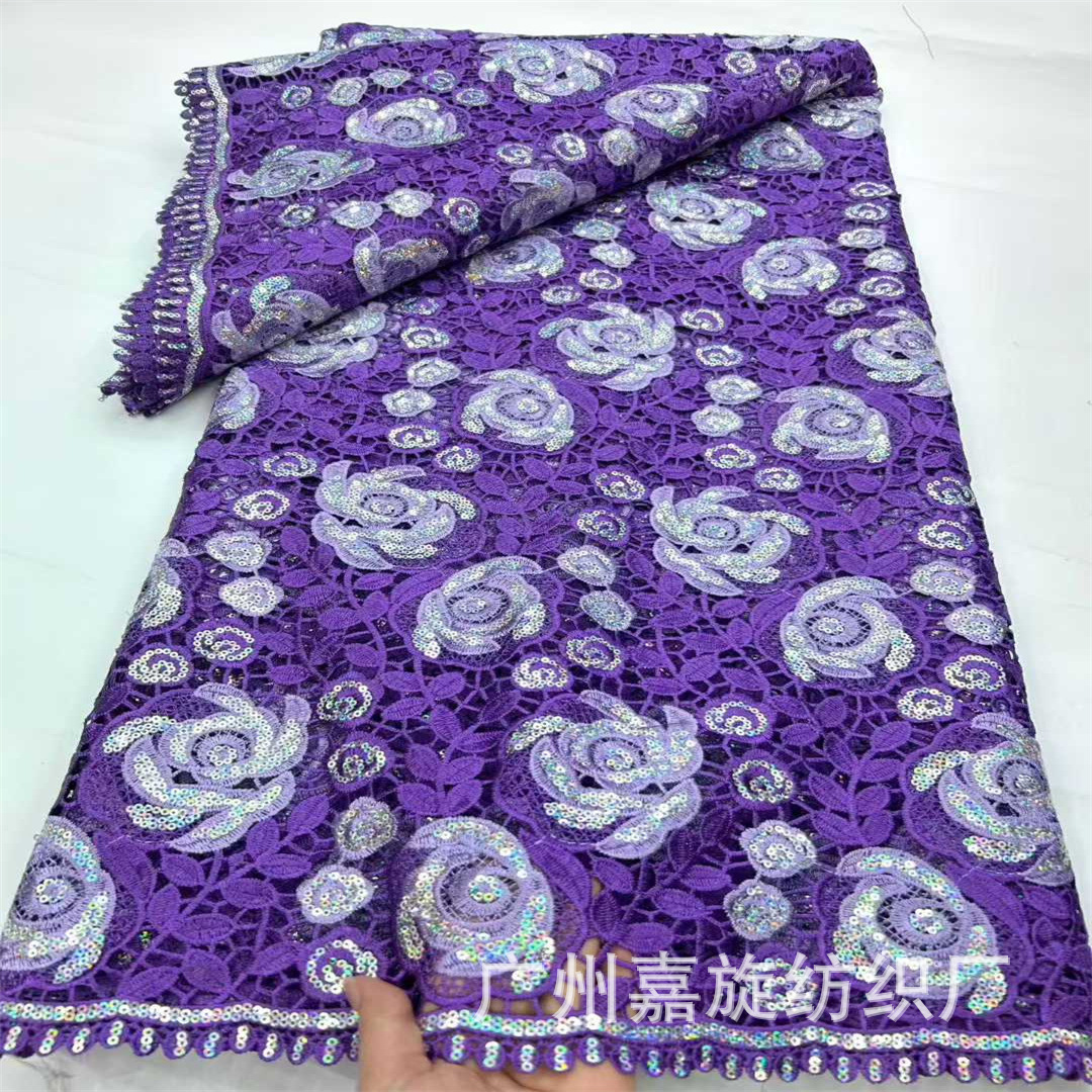 Tela de encaje africana con bordado láser de rosas huecas soluble en agua, en stock, para vestidos de moda.