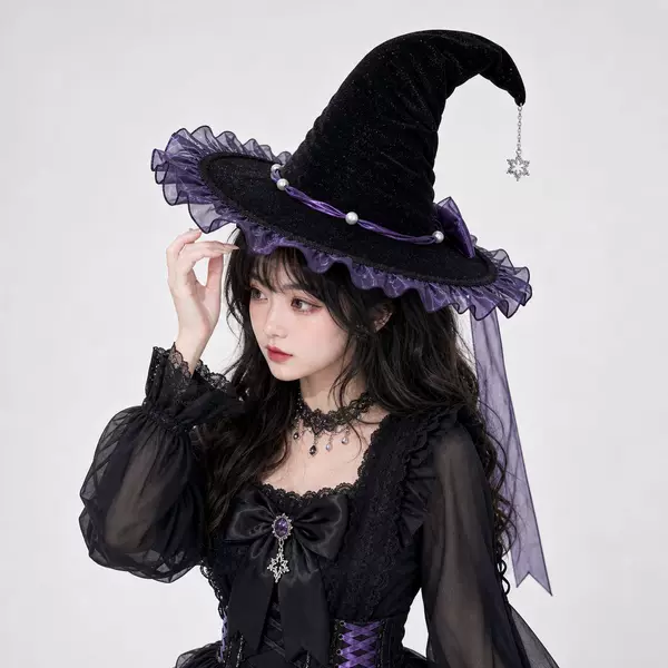 Cross-Border Halloween Witch Hat Wizard Hat Black and Purple Bow Hat Gothic Lolita Lolita Cos Party Hat