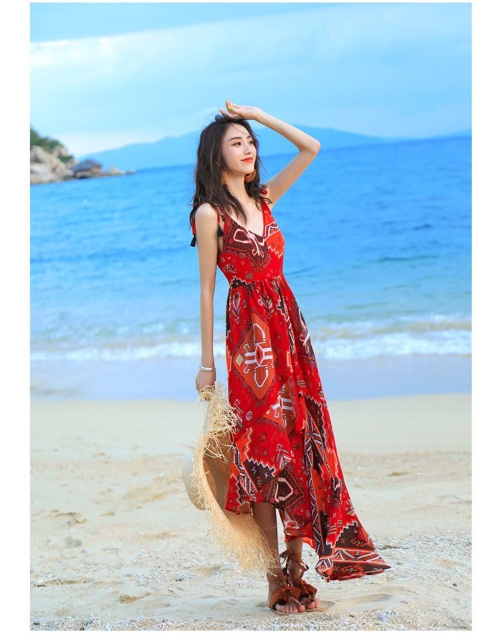 Đầm maxi voan treo nữ phong cách Bohemian dài chấm gót — màu đỏ chi tiết 13