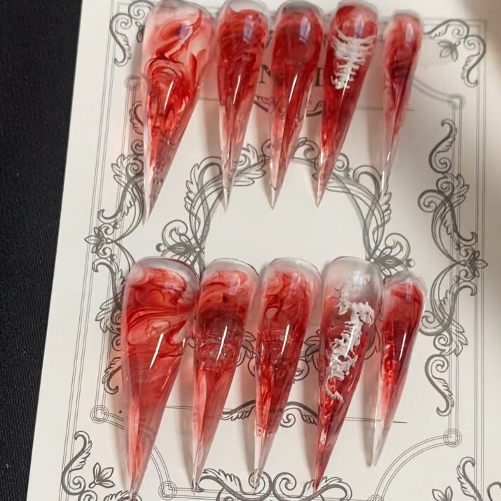 High-End Cross-Border Ice-Clear Cow Blood Red Dragon Claw Nails Wearable Nails Mid-Length European and American Style Nails Handmade Finished Products