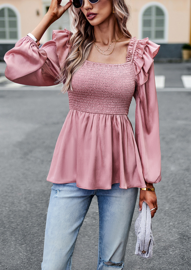 Comfort Function Loose Fit Type Solid Color Pattern Autumn Season Women's Gender Women's Blouse Long Sleeve Blouses Lettuce Trim Casual Solid Color