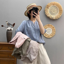 6533气质V领双层棉纱小格子五分袖衬衫 女简约2025夏季宽松上衣