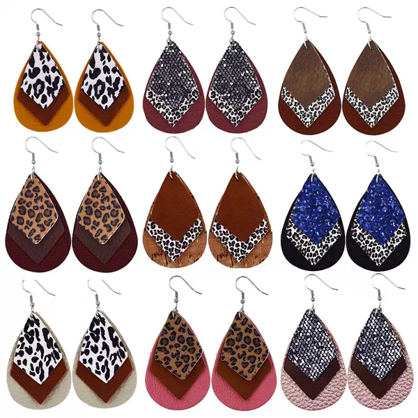 2025 New Water Drop Leather Earrings Amazon Aliexpress Hot Style Multi-Layer Leather Earrings Factory Direct Sale