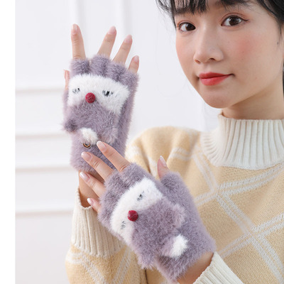 保暖手套女冬季可爱毛绒翻盖卡通半指手套分指冬天多用加绒加批发