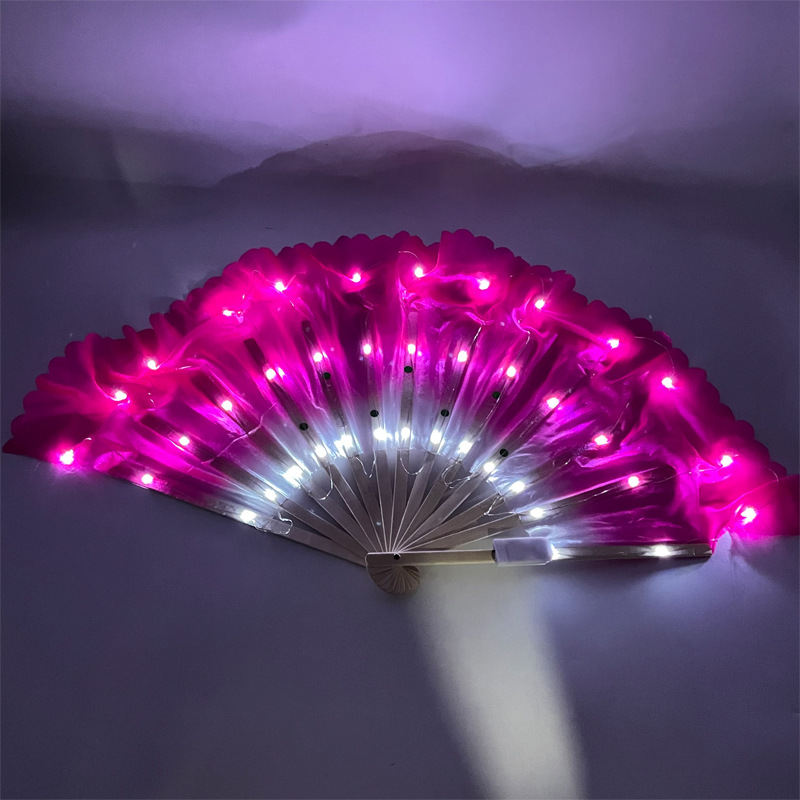 Ventilador de danza luminoso LED tricolor gradiente de seda larga doble cara props de espectáculo de escenario de danza china ventilador luminoso de seda larga