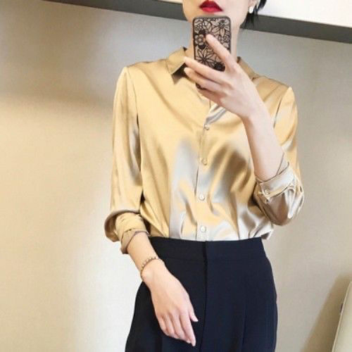 重磅缎面仿真丝衬衫女秋季新款外穿年高级感衬衣高端洋气上衣女|undefined