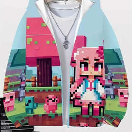 亚马逊跨境Minecraft系列开衫卫衣 3D数码我的世界印花男童连帽衫