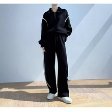 欧洲站秋冬新款百搭拉链高领卫衣高腰长裤宽松黑色休闲运动套装女