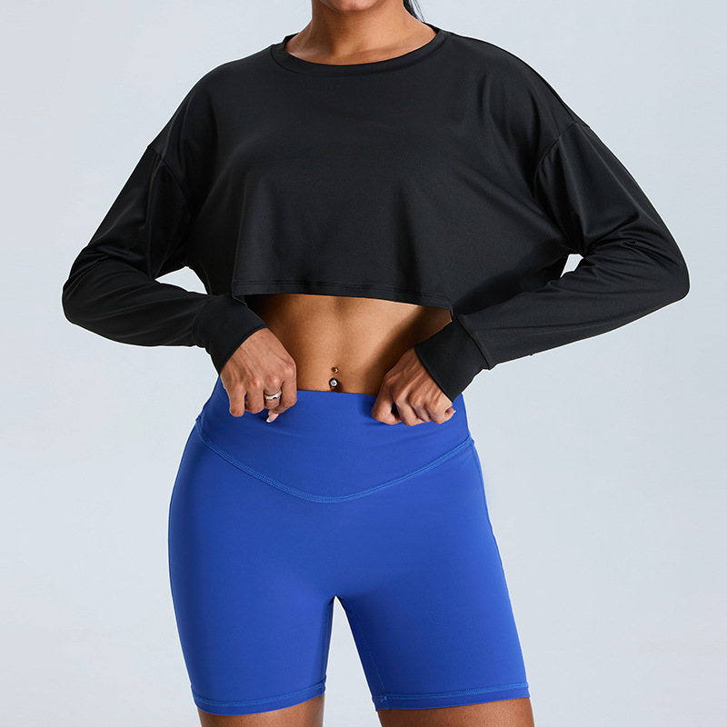 Otoño nuevo estilo ropa de yoga manga larga mujer cuello redondo casual ropa deportiva suelta correr ropa de fitness corta delgada top