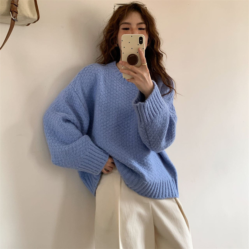 慵懒风圆领菠萝纹毛衣女秋冬新款温柔保暖软糯套头针织衫上衣外穿|undefined